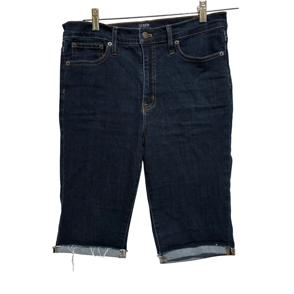 J.Crew 10 High-Rise Skinny Denim Shorts Bermuda‎ Long Dark Wash Raw Hem 29T mod